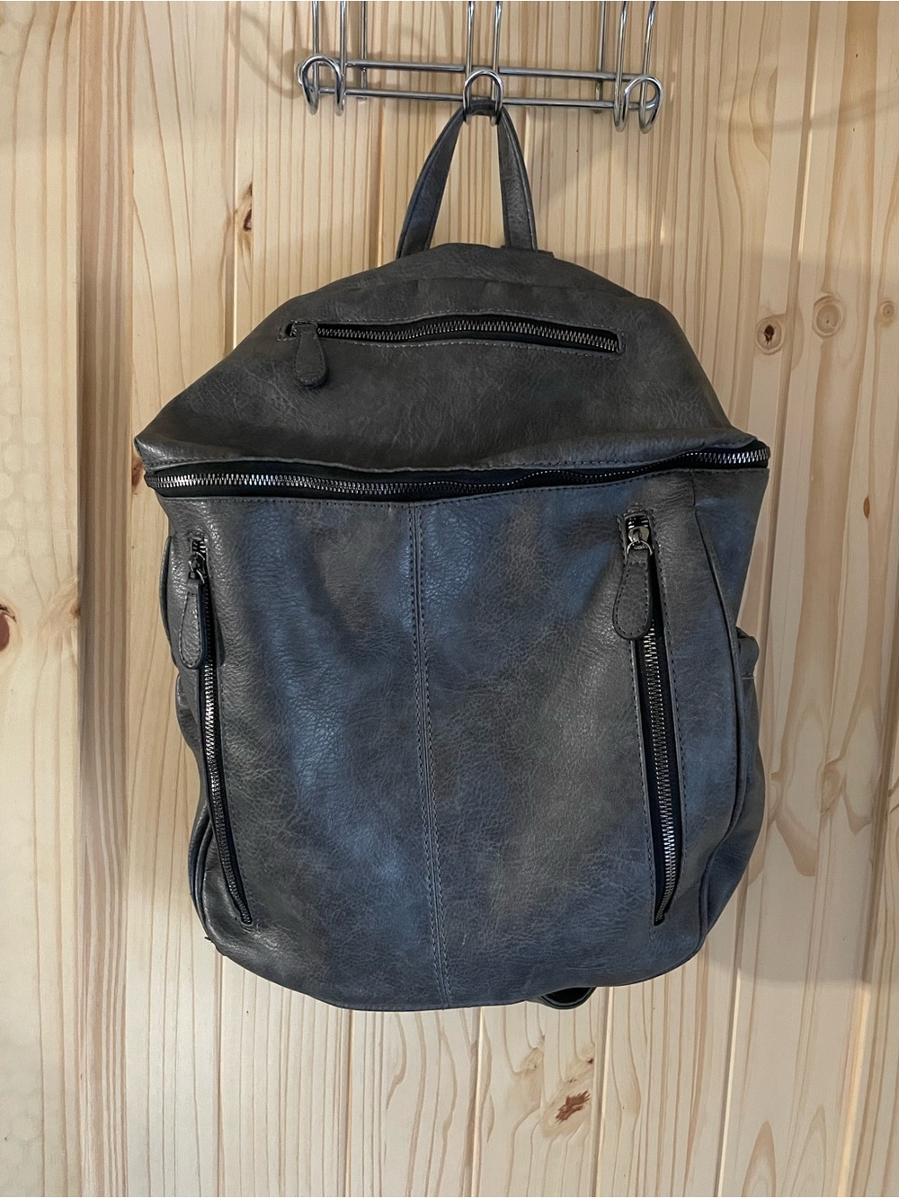 Men's Gray Faux-Leather Backpack with Front Zip Pockets